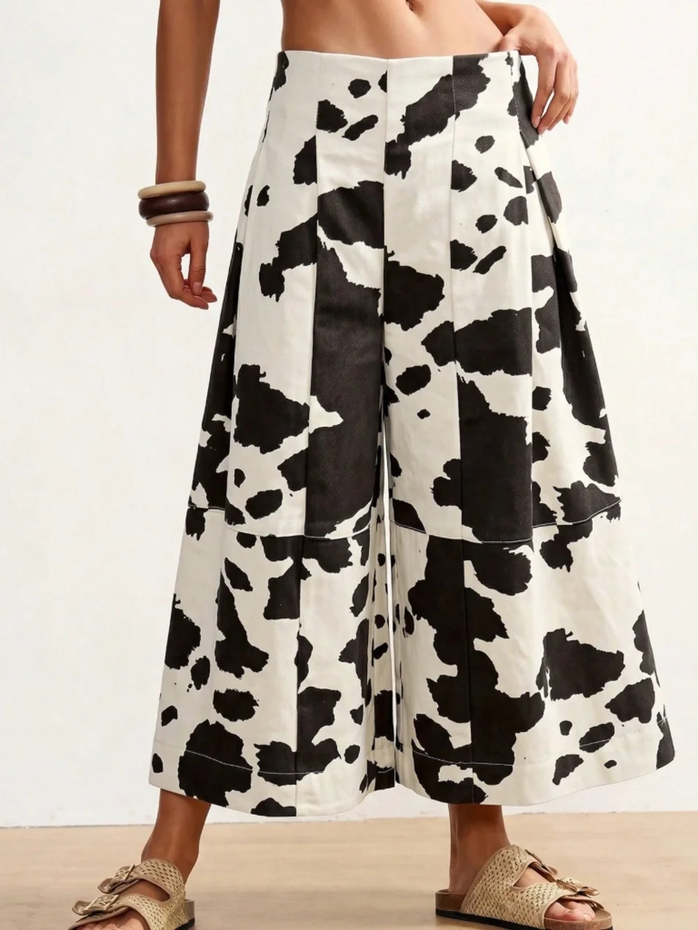 Boho Cow Print Low Waist Cropped Wide leg Pants - Picture 2 of 4